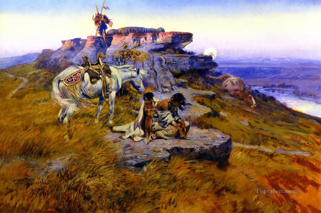 son cœur est au sol 1917 Charles Marion Russell Amérindiens Peintures à l'huile